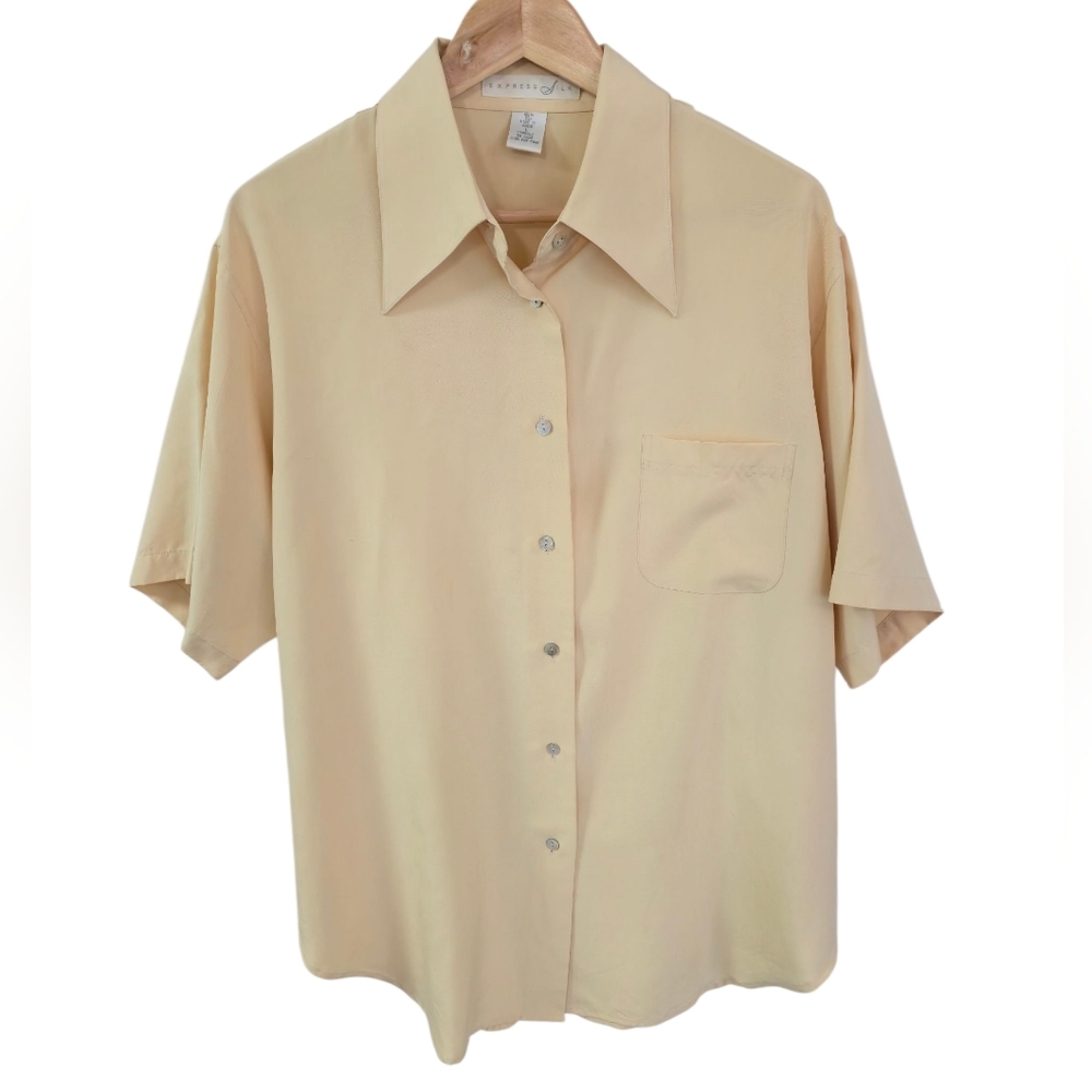 Express Silk Men's Retro 100% Silk Short Sleeve Shirt Beige Size Large
